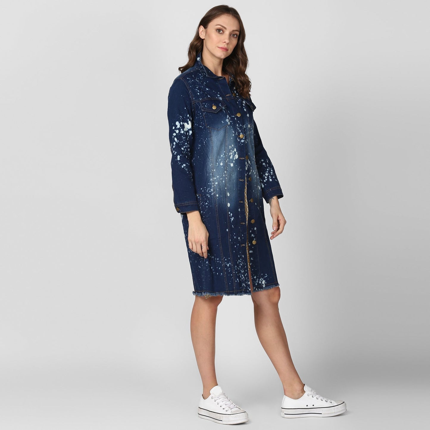 Women's Long Overcoat Style Denim Jacket with Splash effect