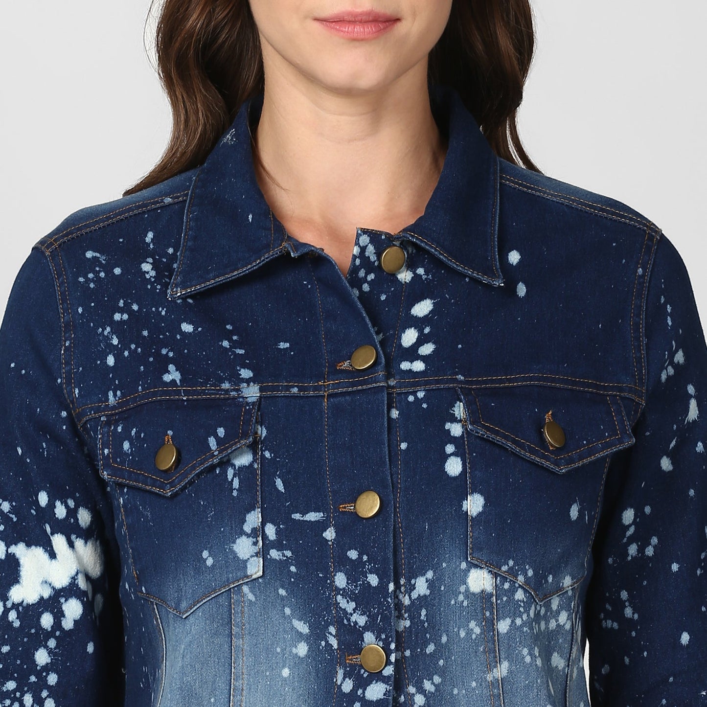 Women's Long Overcoat Style Denim Jacket with Splash effect