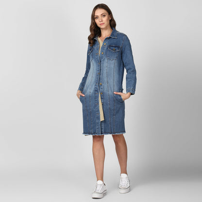 Women's Long Overcoat Style Denim Jacket with Washed effect