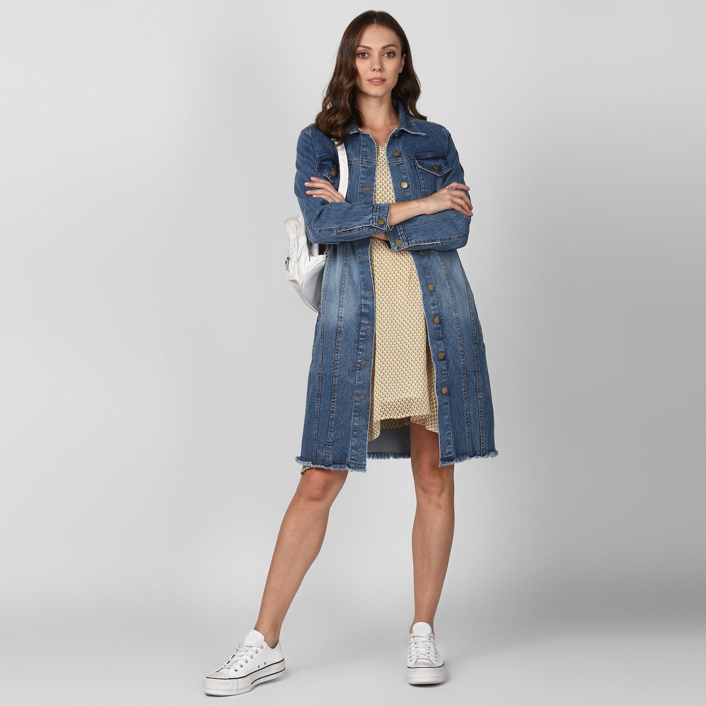 Women's Long Overcoat Style Denim Jacket with Washed effect
