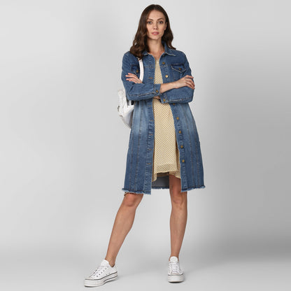 Women's Long Overcoat Style Denim Jacket with Washed effect