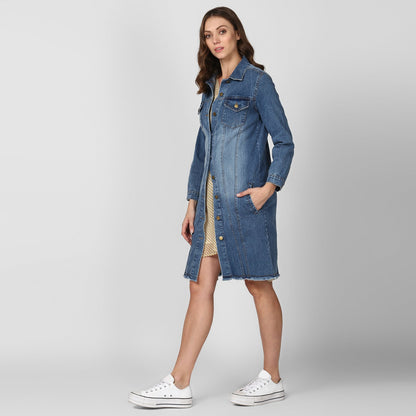 Women's Long Overcoat Style Denim Jacket with Washed effect
