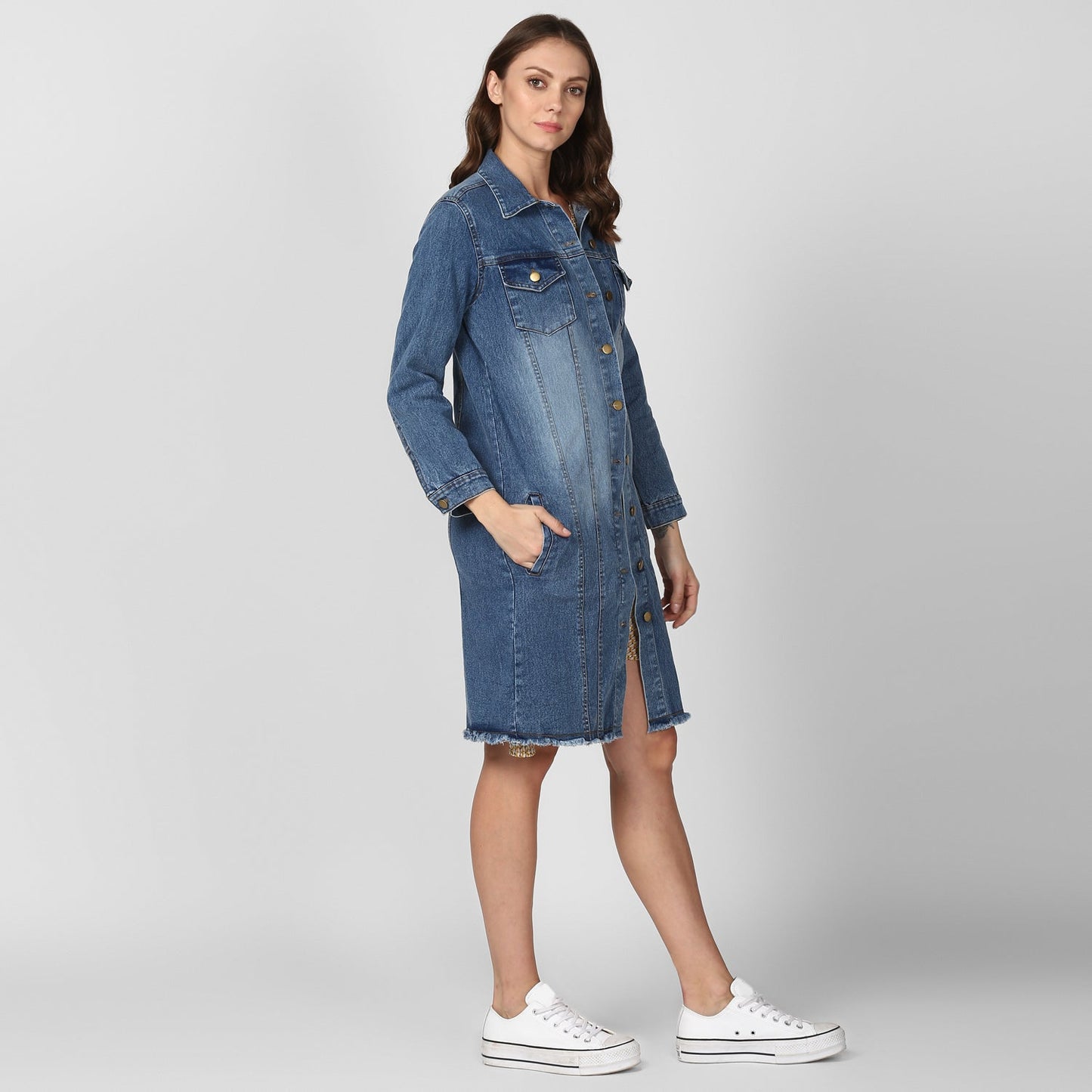Women's Long Overcoat Style Denim Jacket with Washed effect