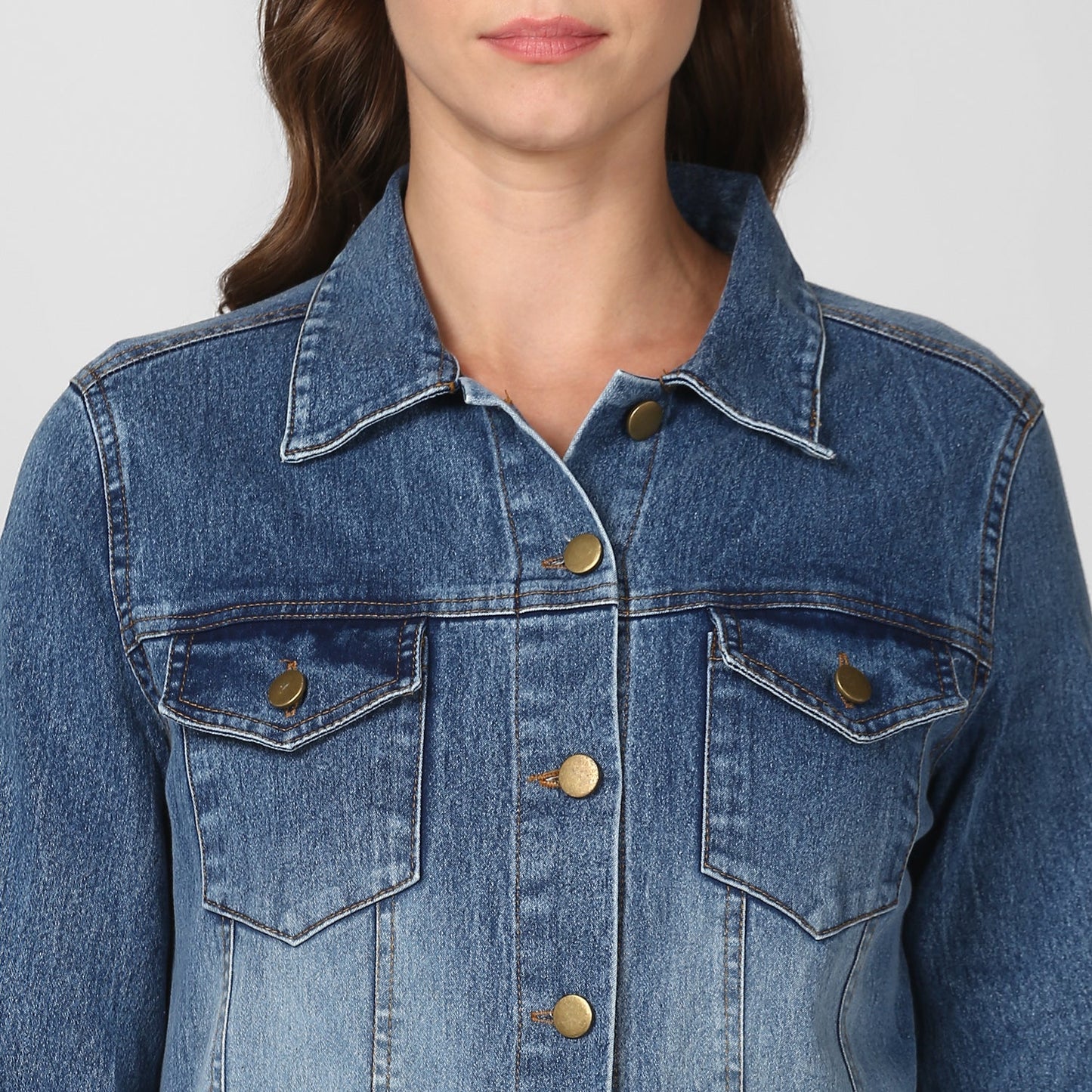 Women's Long Overcoat Style Denim Jacket with Washed effect