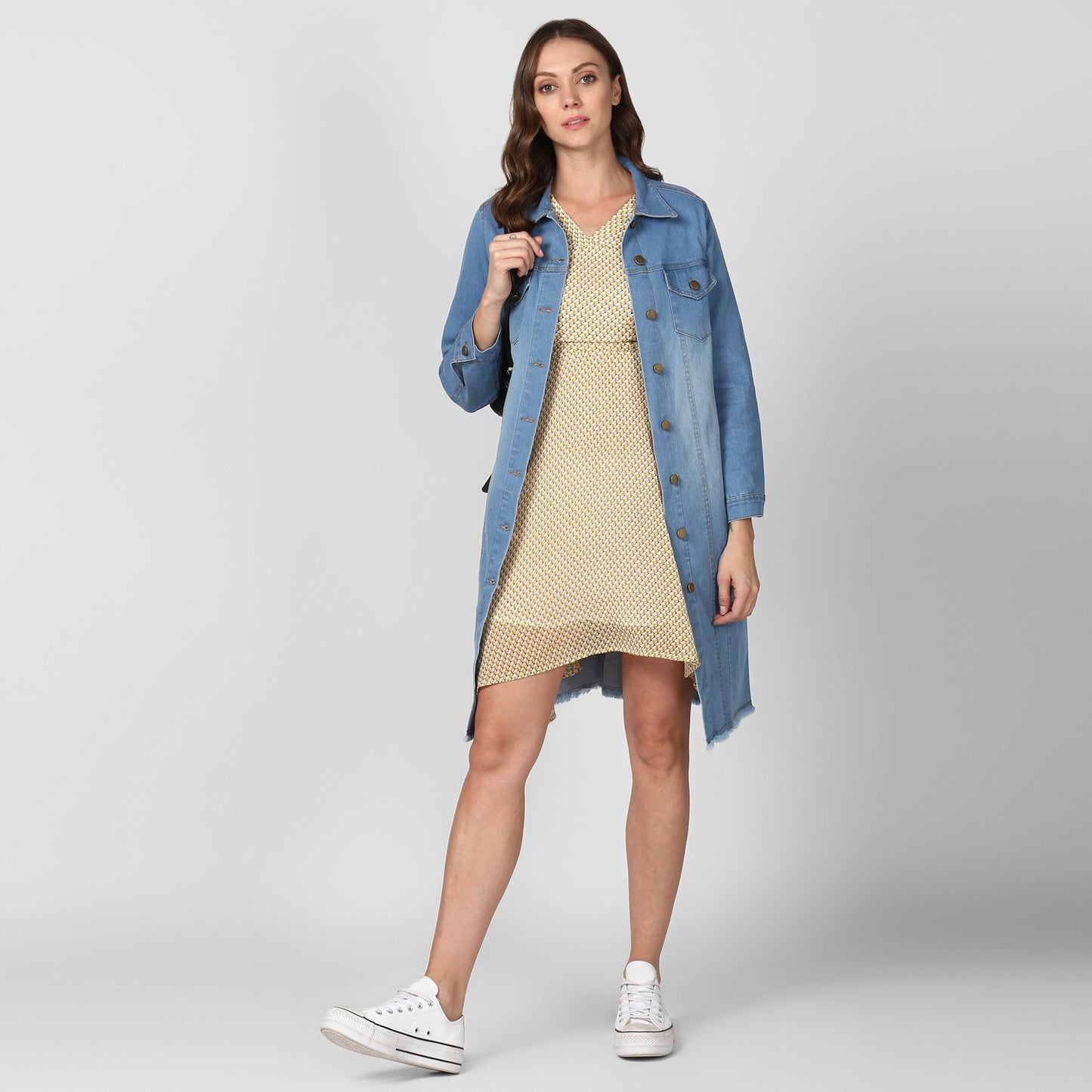 Women's Ice Blue Long Overcoat Style Denim Jacket with Washed effect