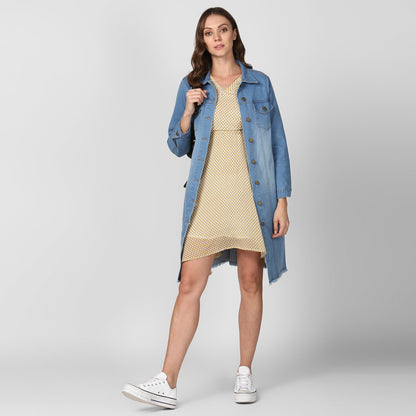 Women's Ice Blue Long Overcoat Style Denim Jacket with Washed effect