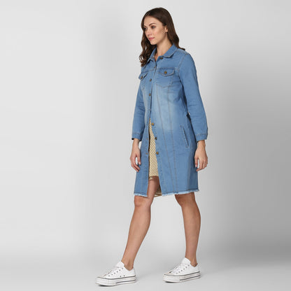 Women's Ice Blue Long Overcoat Style Denim Jacket with Washed effect