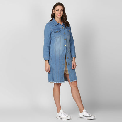 Women's Ice Blue Long Overcoat Style Denim Jacket with Washed effect