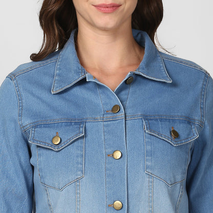 Women's Ice Blue Long Overcoat Style Denim Jacket with Washed effect