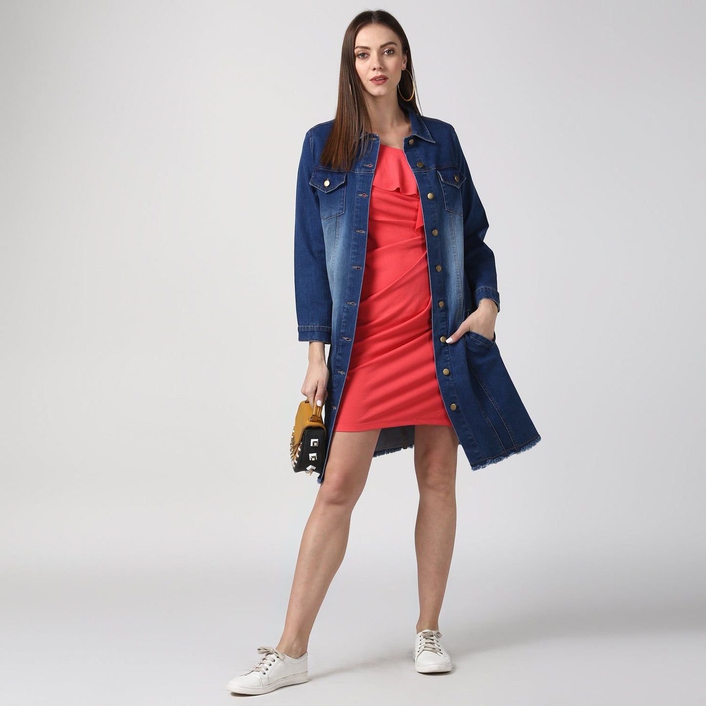Women's Navy Blue Long Overcoat Style Denim Jacket with Washed effect