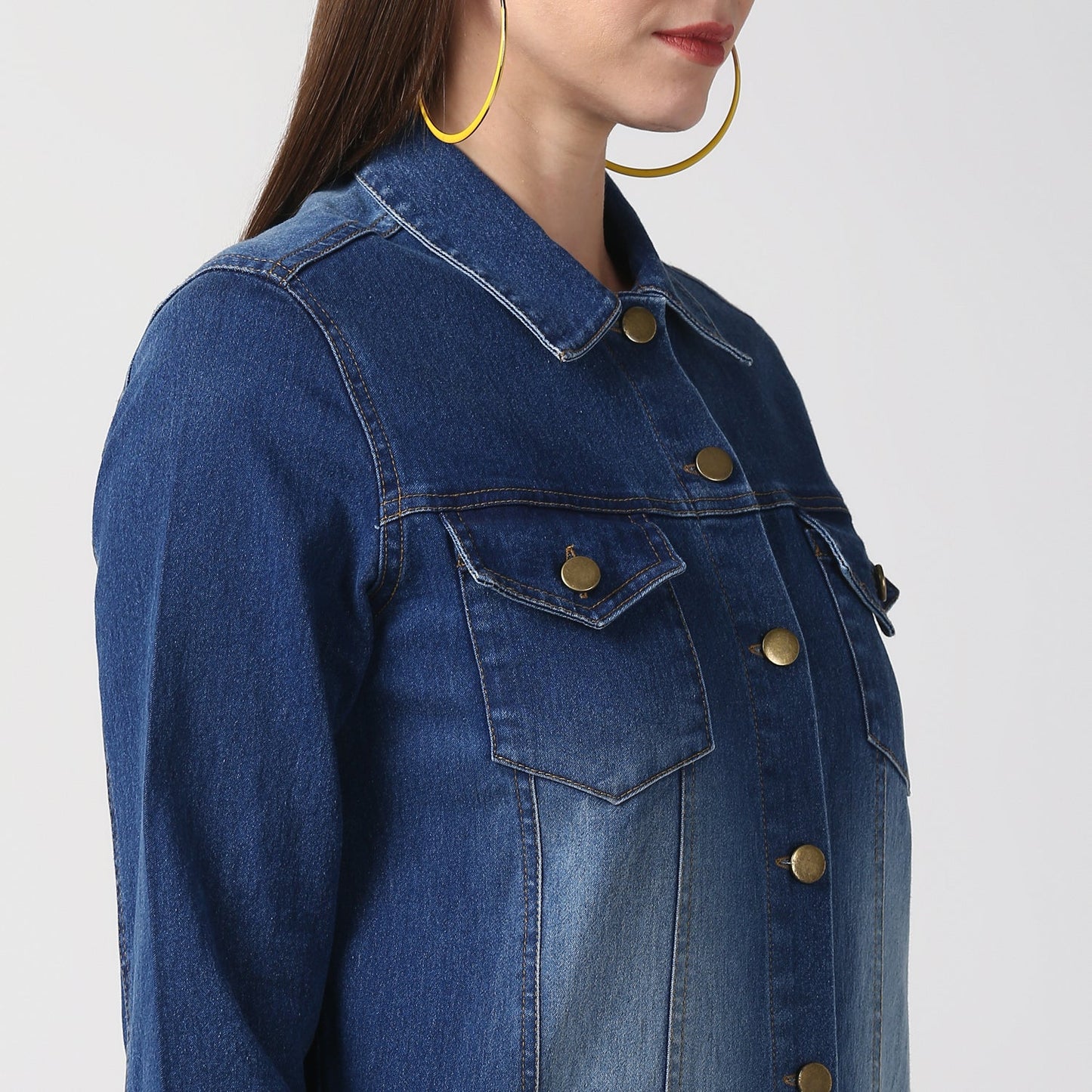 Women's Navy Blue Long Overcoat Style Denim Jacket with Washed effect