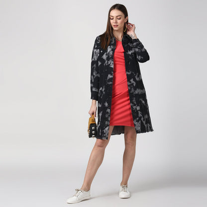 Women's Black Long Overcoat Style Denim Jacket with Cloud effect