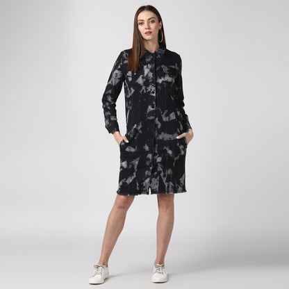 Women's Black Long Overcoat Style Denim Jacket with Cloud effect