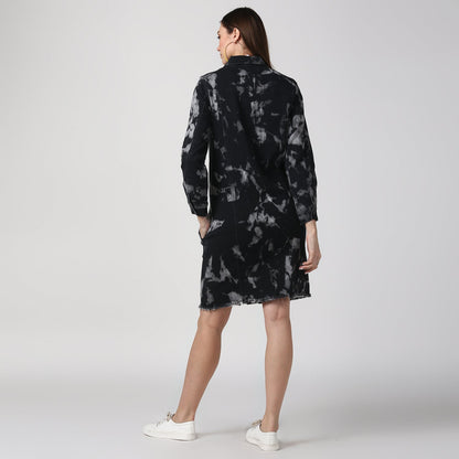 Women's Black Long Overcoat Style Denim Jacket with Cloud effect