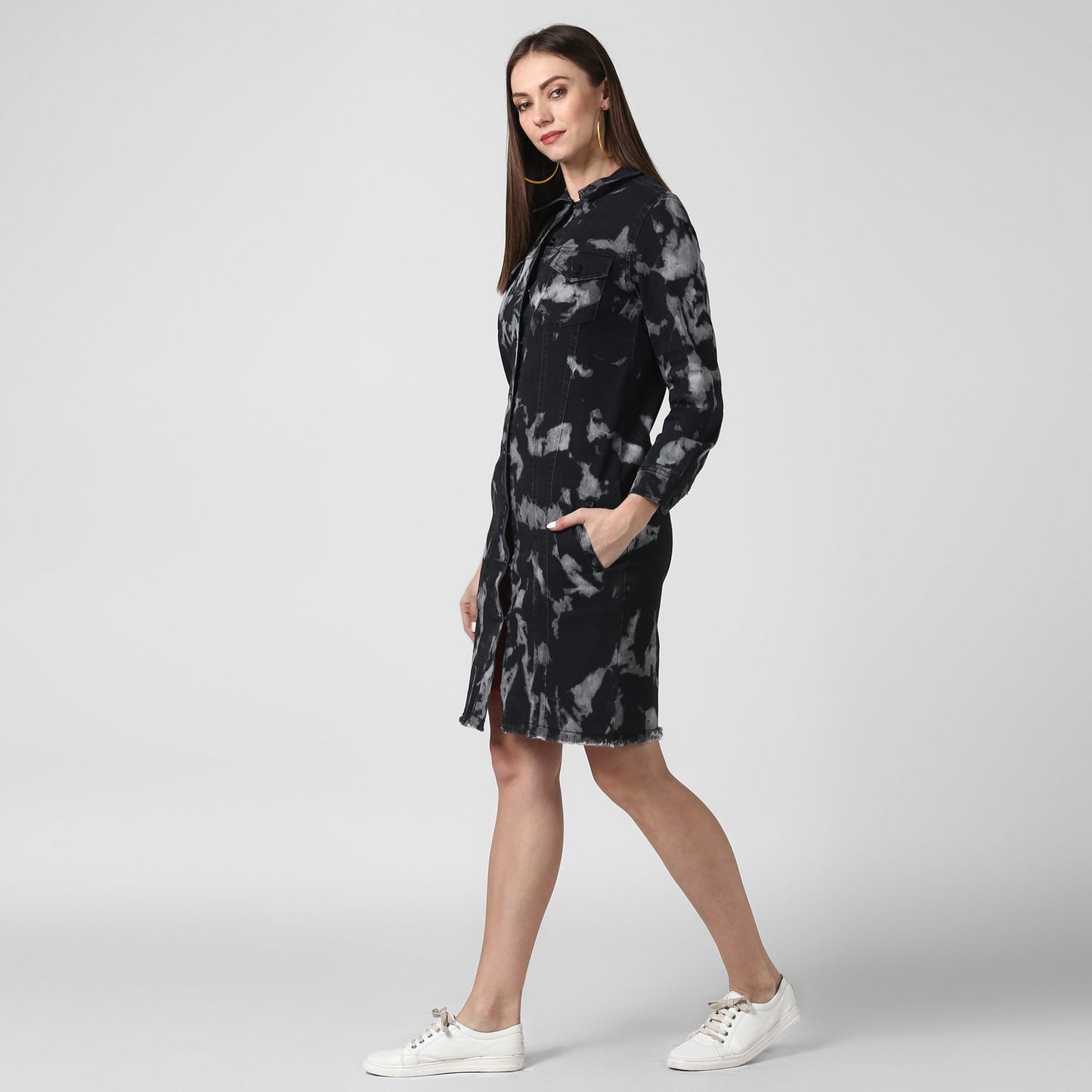 Women's Black Long Overcoat Style Denim Jacket with Cloud effect