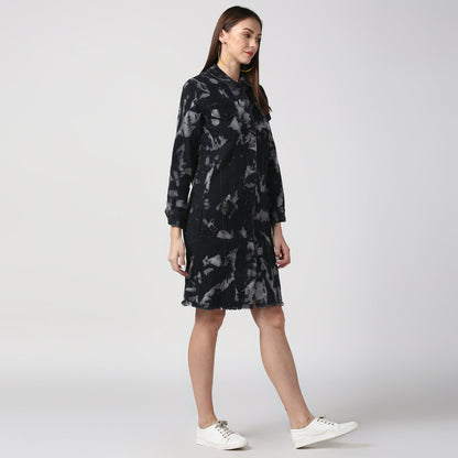 Women's Black Long Overcoat Style Denim Jacket with Cloud effect