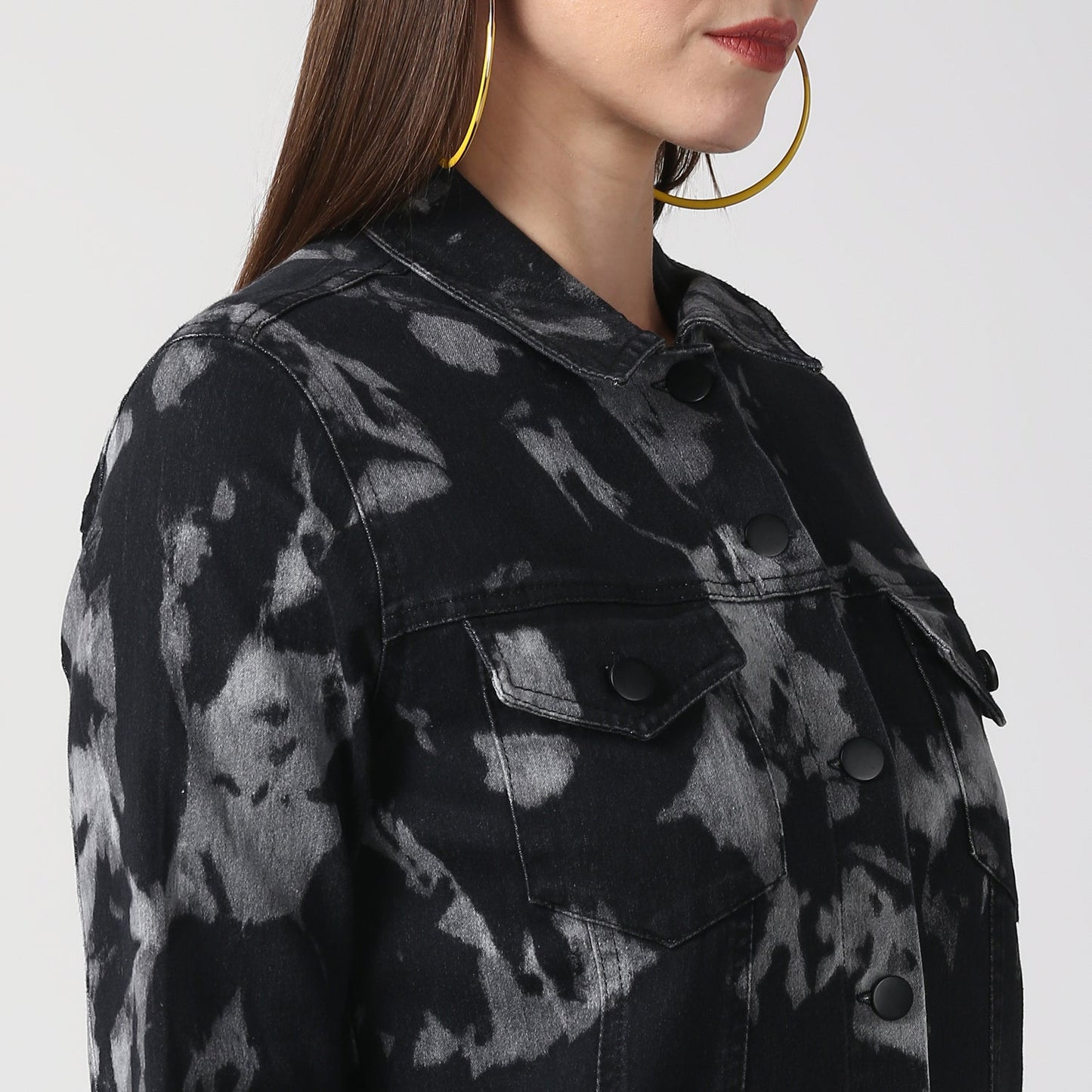 Women's Black Long Overcoat Style Denim Jacket with Cloud effect