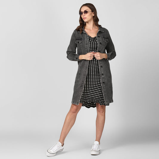 Women's Grey Long Overcoat Style Denim Jacket with Washed effect