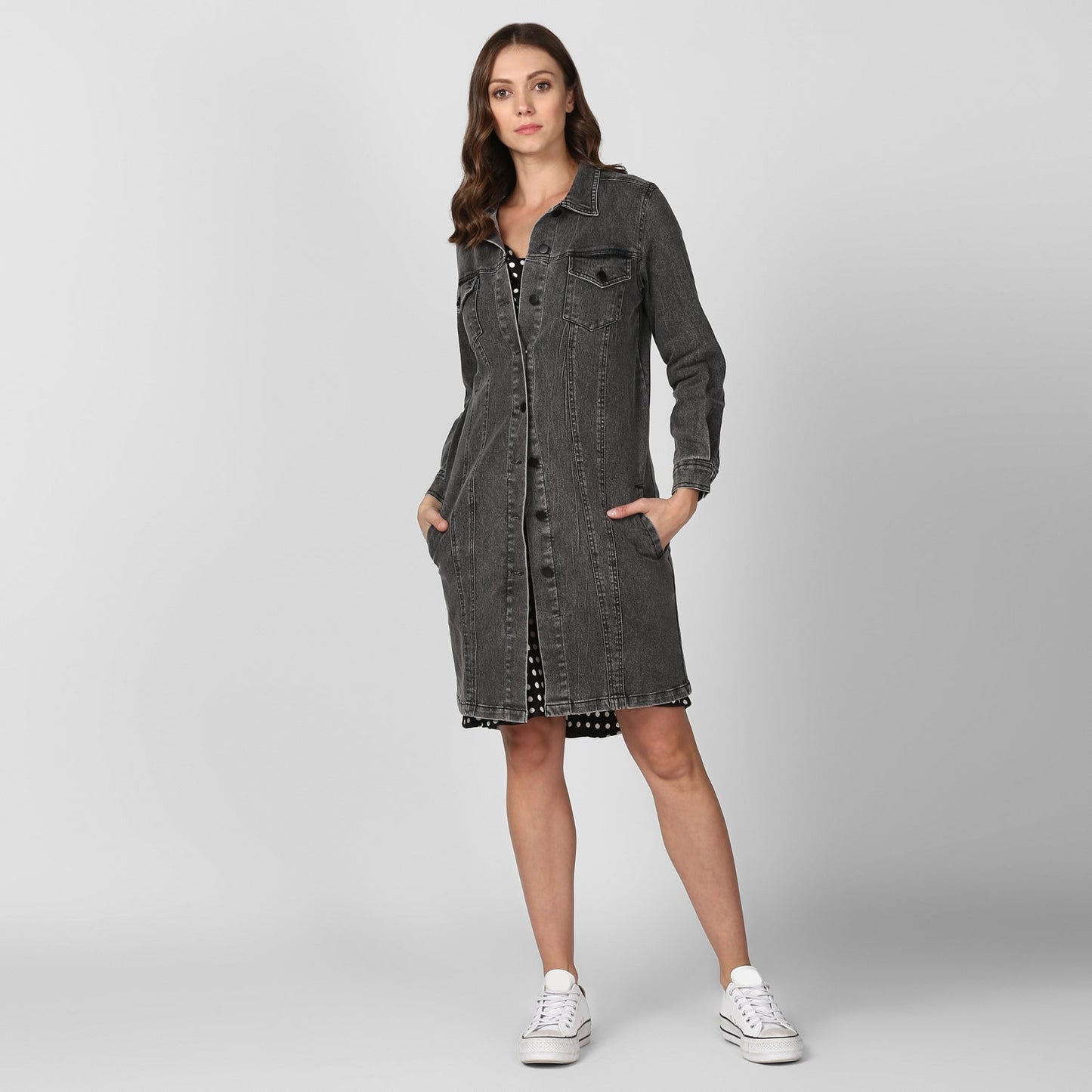 Women's Grey Long Overcoat Style Denim Jacket with Washed effect