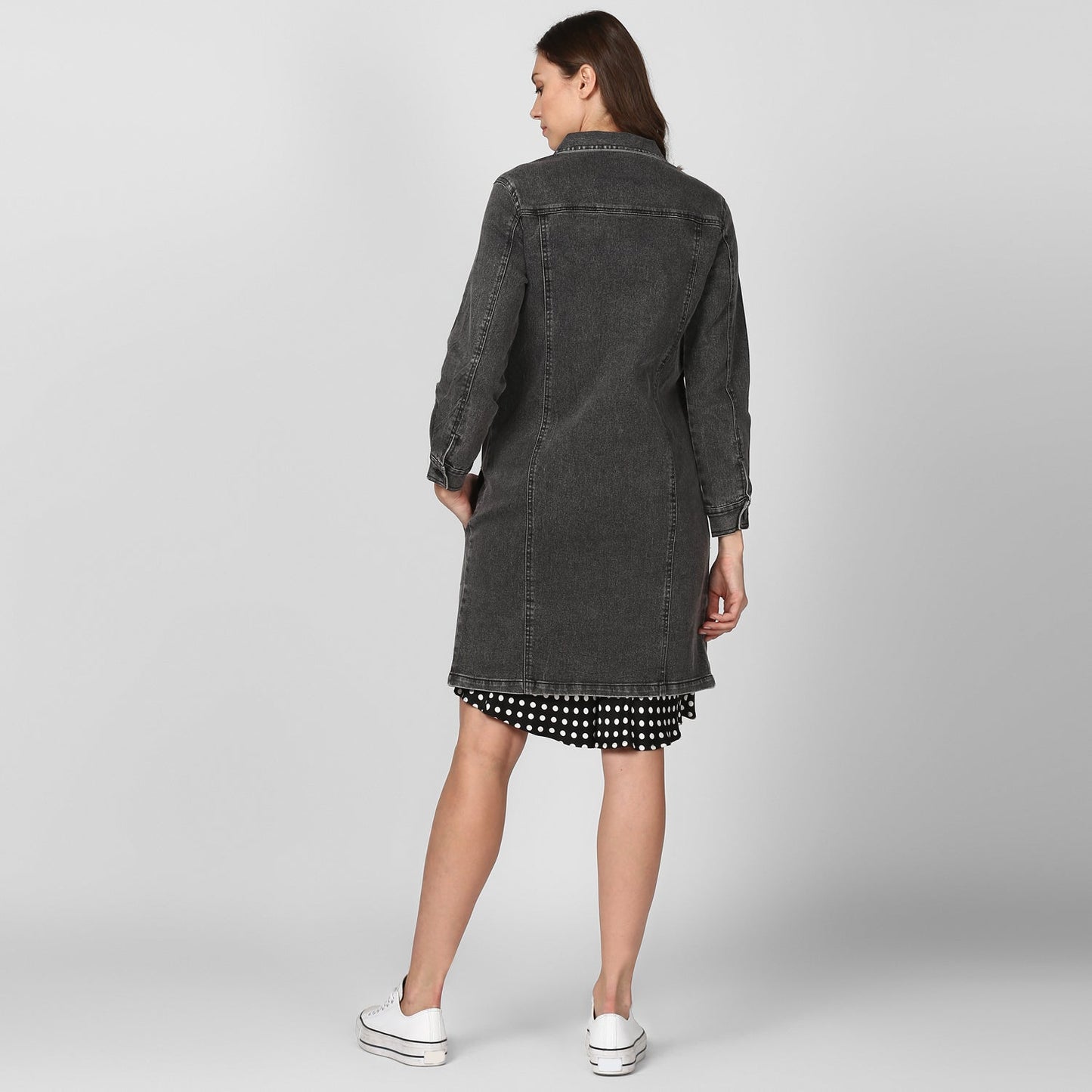 Women's Grey Long Overcoat Style Denim Jacket with Washed effect