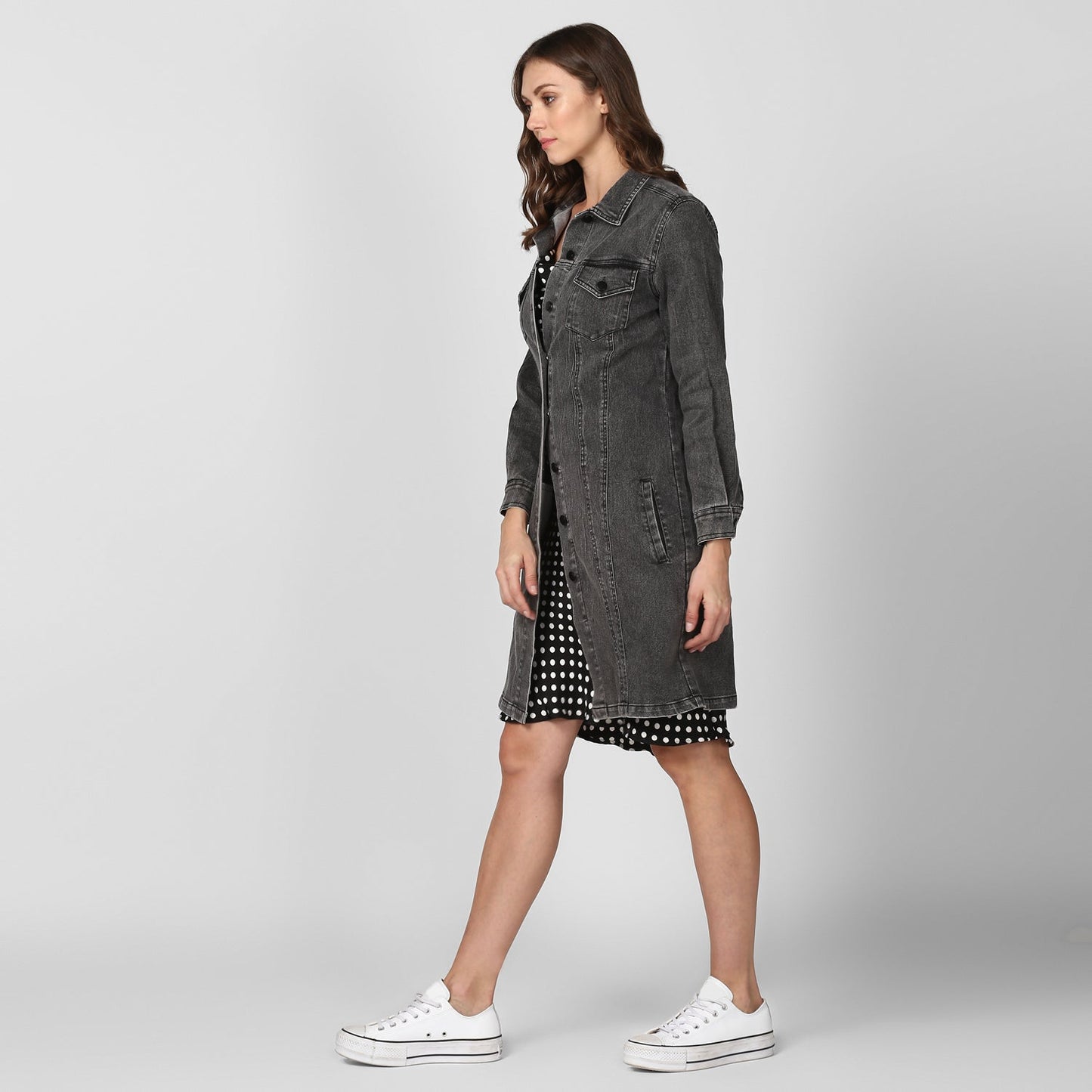 Women's Grey Long Overcoat Style Denim Jacket with Washed effect