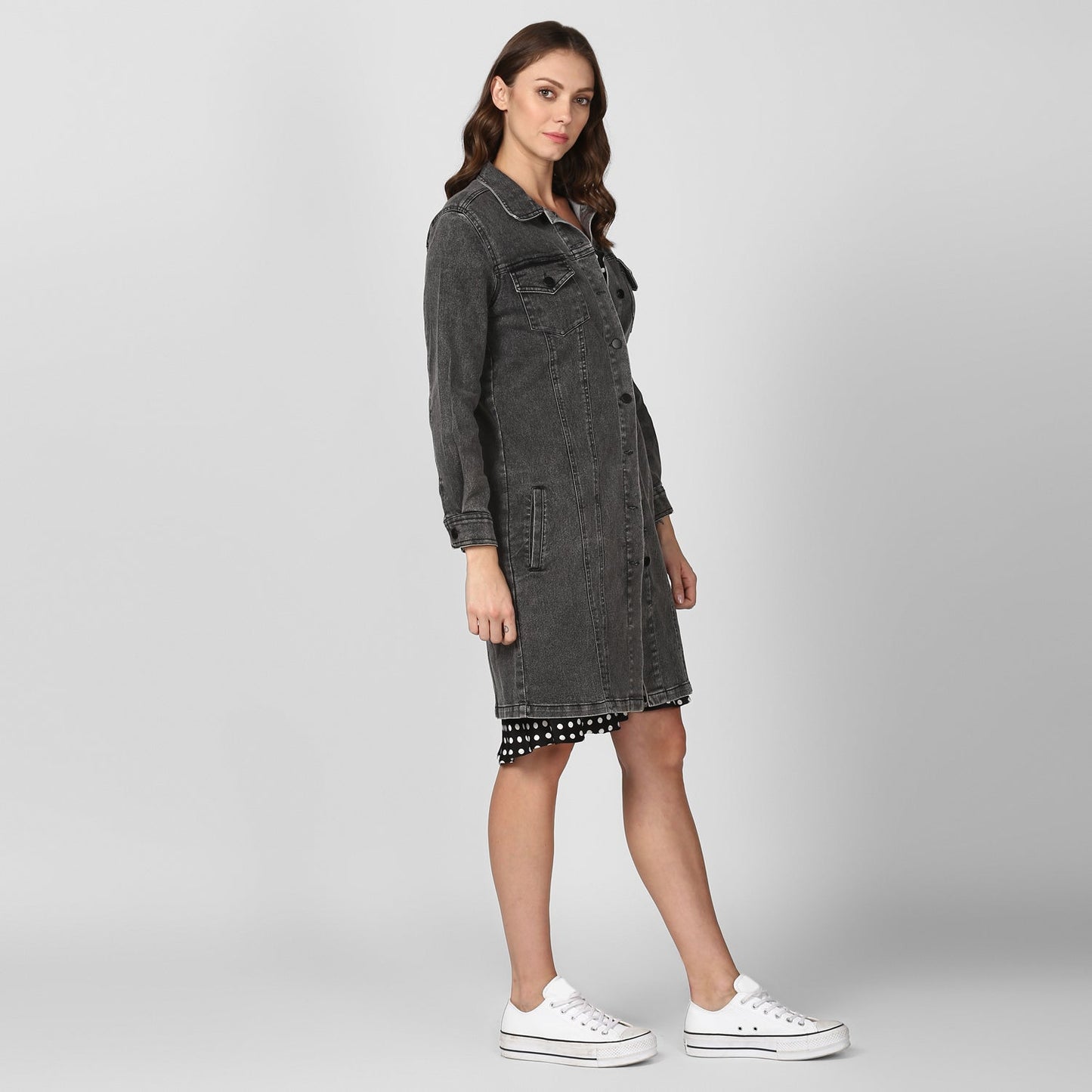 Women's Grey Long Overcoat Style Denim Jacket with Washed effect