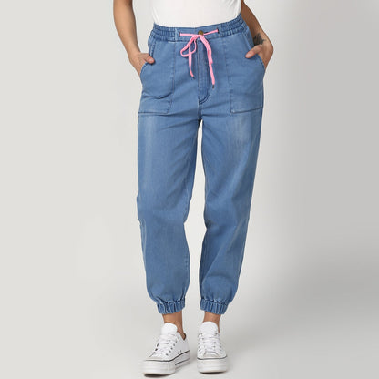 Women's Blue Denim Joggers with Pink Drawstring