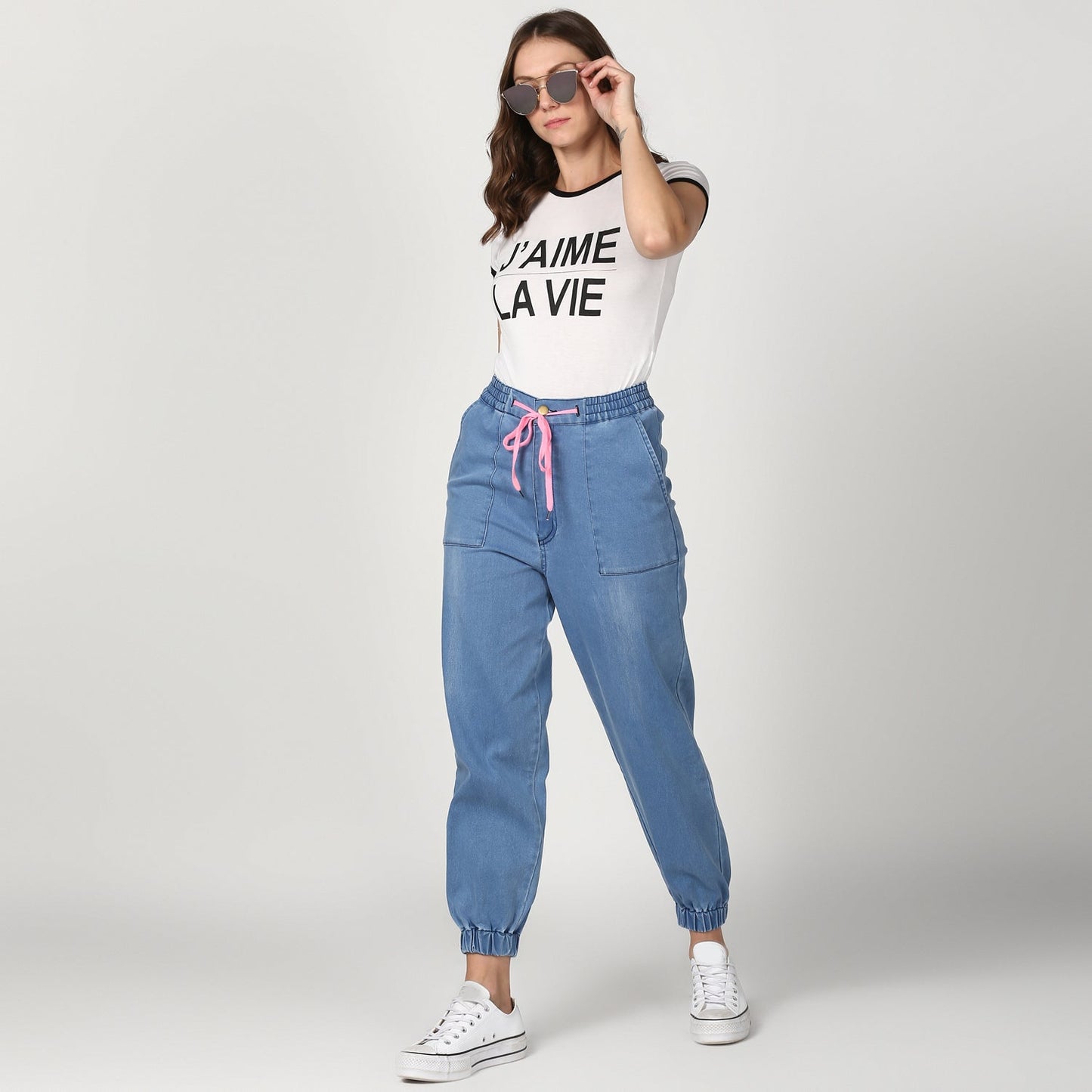 Women's Blue Denim Joggers with Pink Drawstring