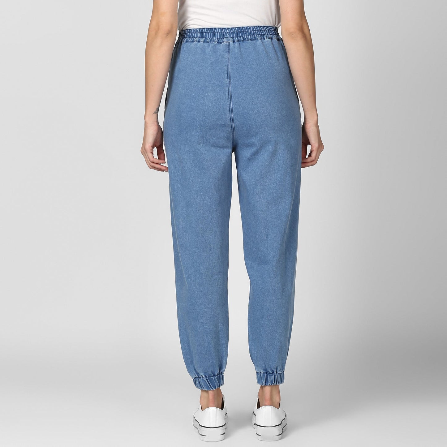Women's Blue Denim Joggers with Pink Drawstring