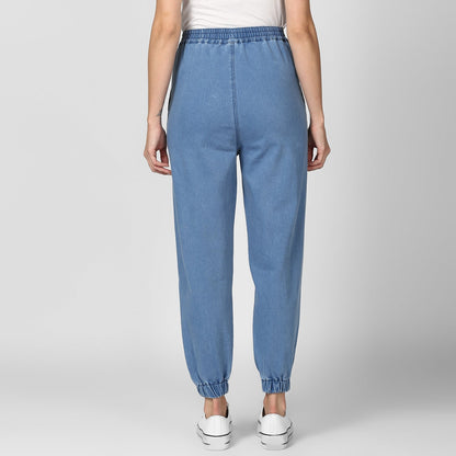 Women's Blue Denim Joggers with Pink Drawstring