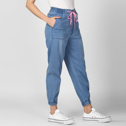 Women's Blue Denim Joggers with Pink Drawstring