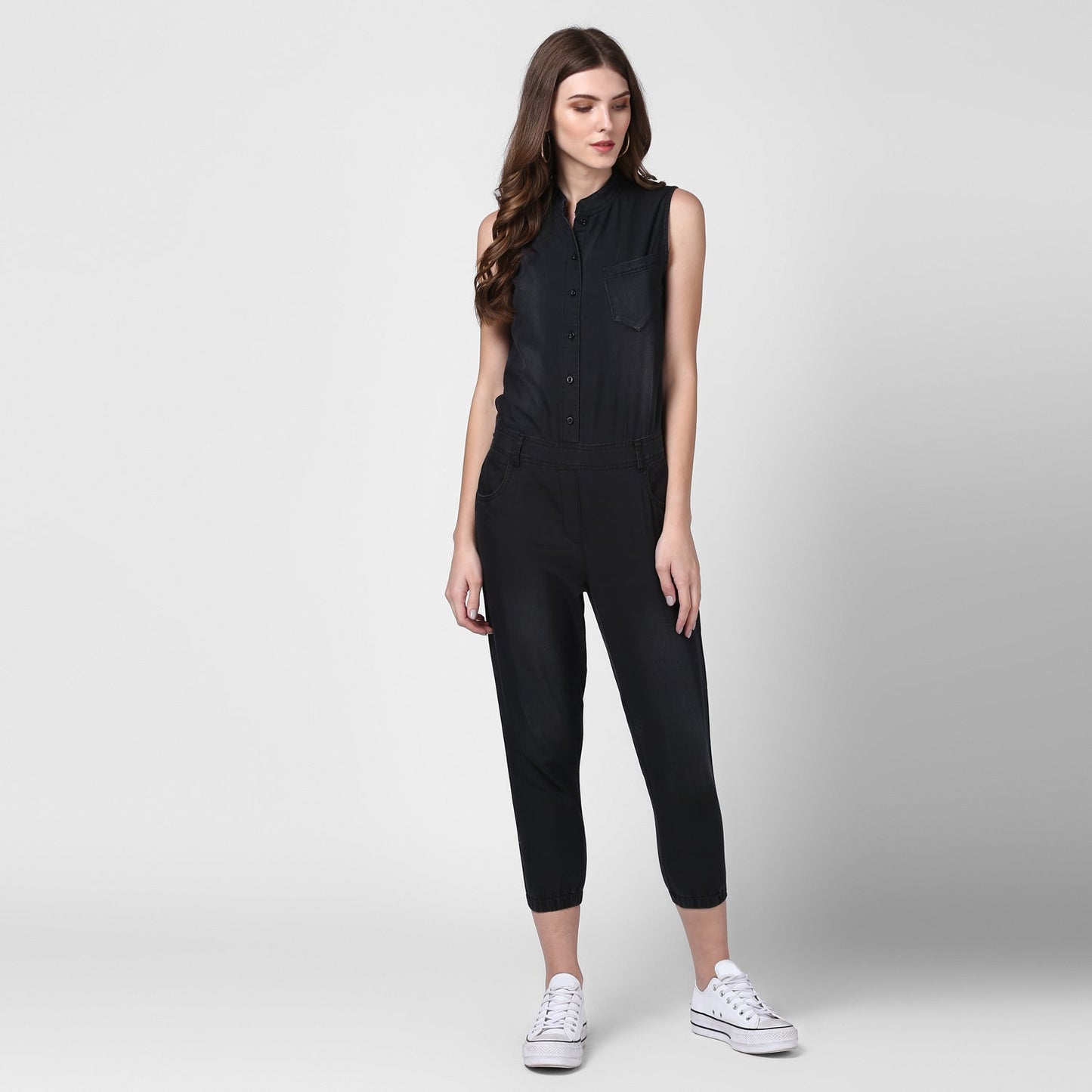 Women's Black Denim Jumpsuit with Manderin Collar