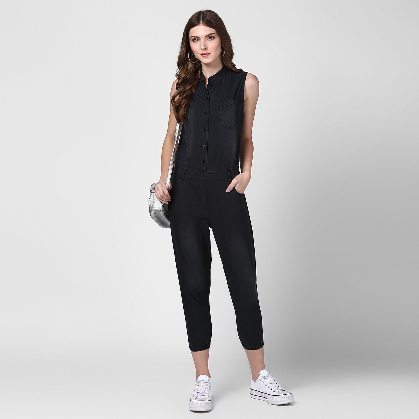 Women's Black Denim Jumpsuit with Manderin Collar