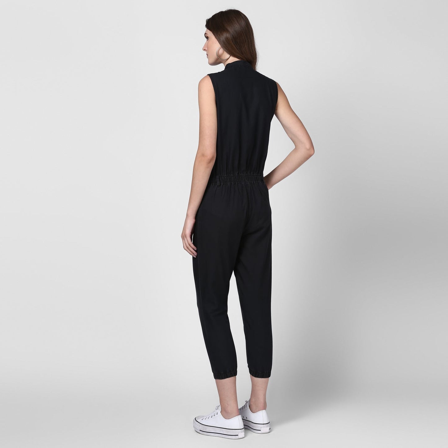Women's Black Denim Jumpsuit with Manderin Collar
