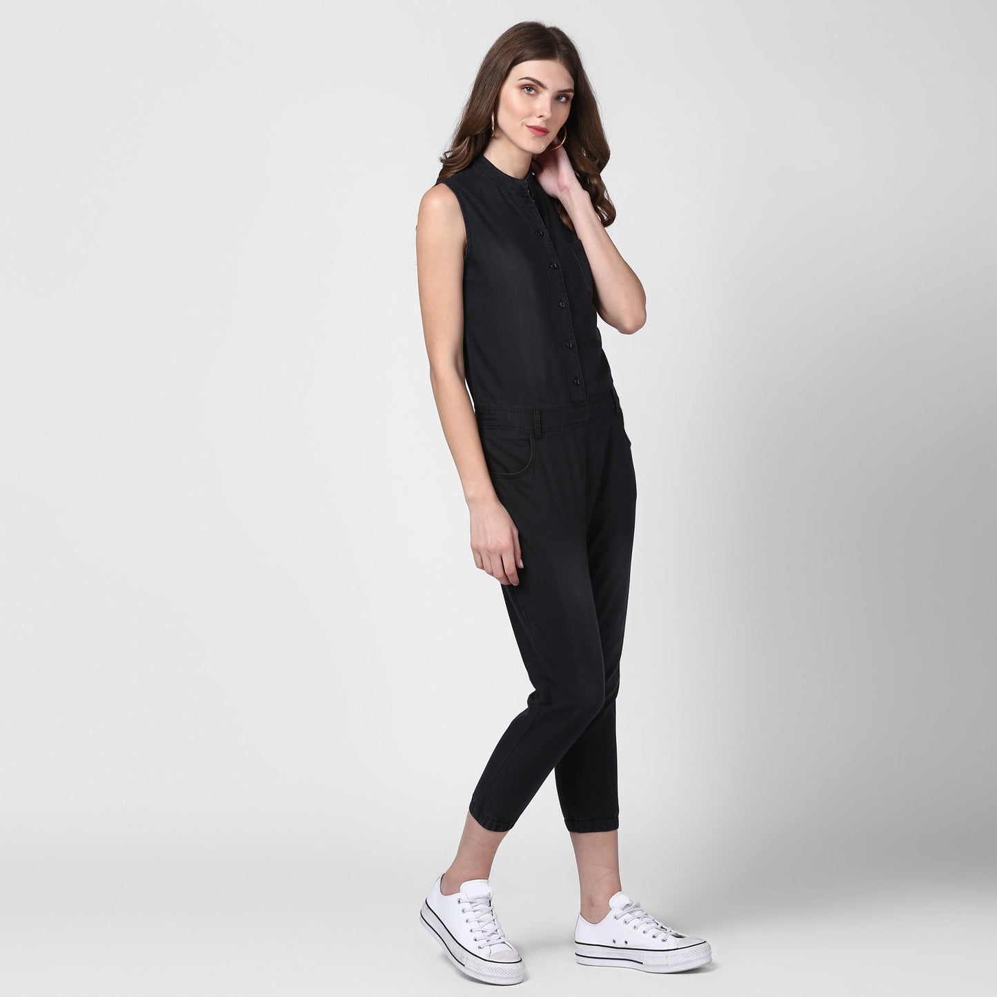 Women's Black Denim Jumpsuit with Manderin Collar