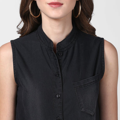 Women's Black Denim Jumpsuit with Manderin Collar
