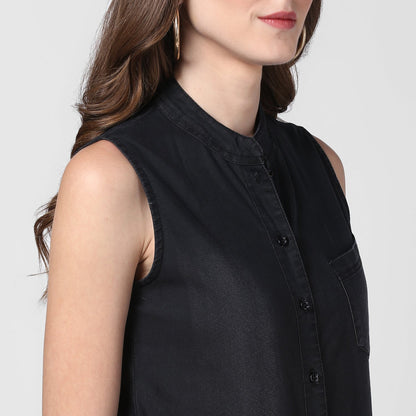 Women's Black Denim Jumpsuit with Manderin Collar