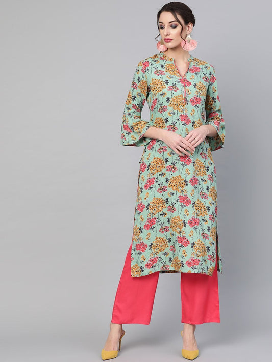 Women's  Sea Green & Pink Printed Kurta with Palazzos