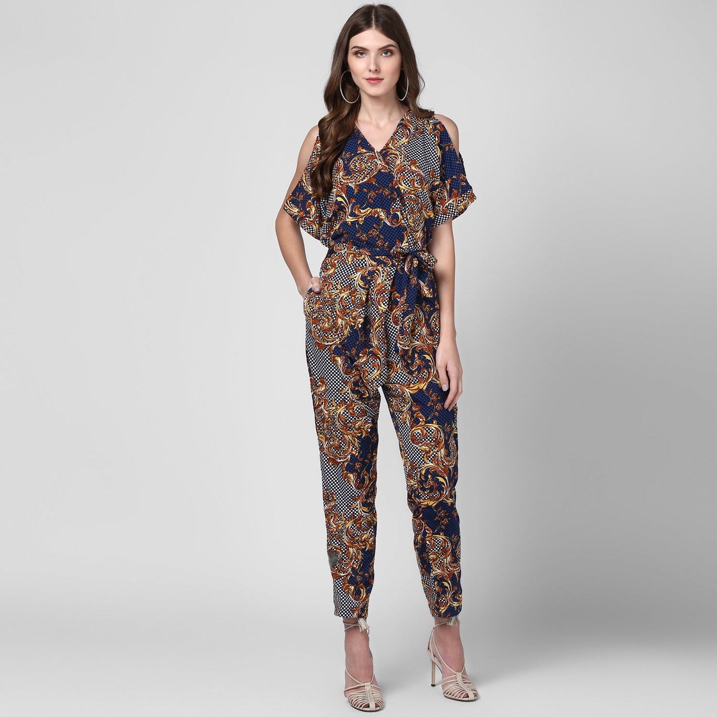 Women's Polyester Printed Jumpsuit with Cold shoulder