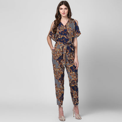 Women's Polyester Printed Jumpsuit with Cold shoulder