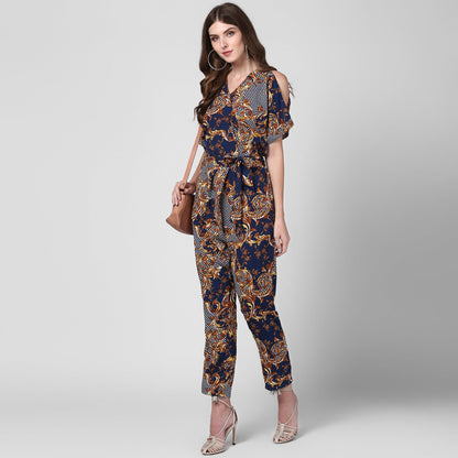 Women's Polyester Printed Jumpsuit with Cold shoulder