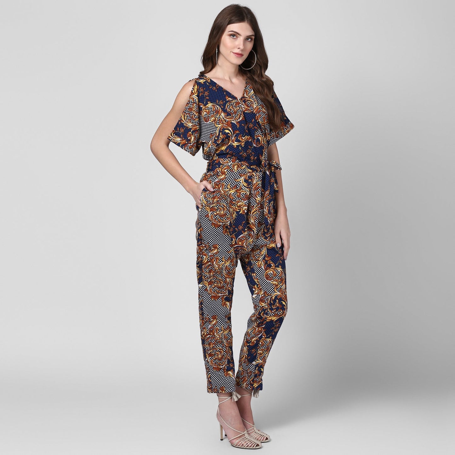 Women's Polyester Printed Jumpsuit with Cold shoulder