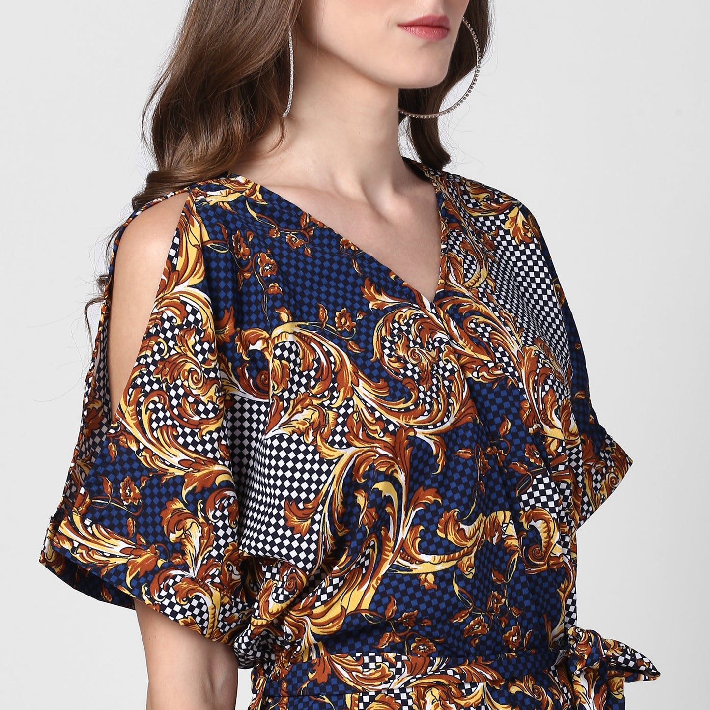 Women's Polyester Printed Jumpsuit with Cold shoulder