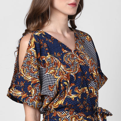 Women's Polyester Printed Jumpsuit with Cold shoulder