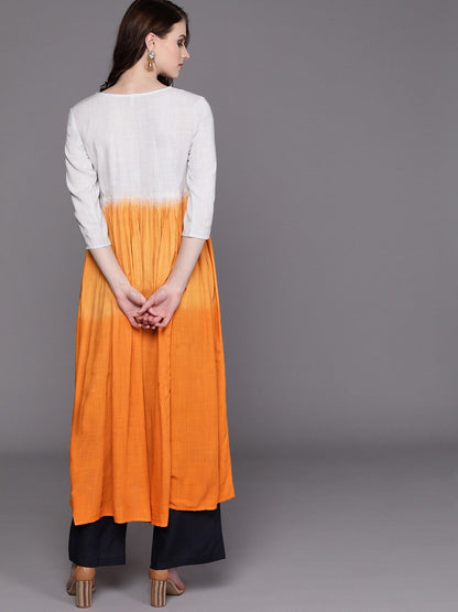 Women's  Orange & White Dyed A-Line Kurta