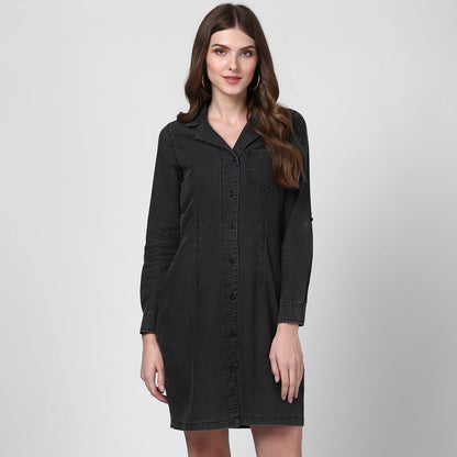 Women's Black Denim Lapel Style Shirt Dress