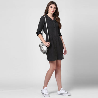 Women's Black Denim Lapel Style Shirt Dress
