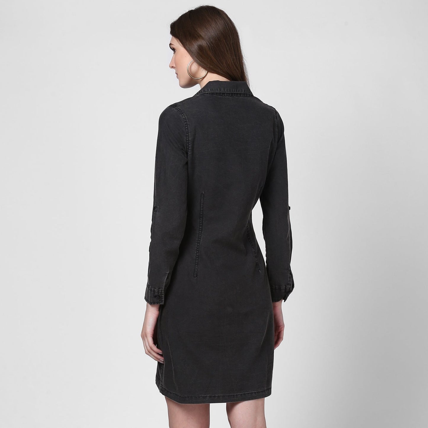 Women's Black Denim Lapel Style Shirt Dress