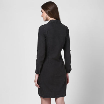 Women's Black Denim Lapel Style Shirt Dress