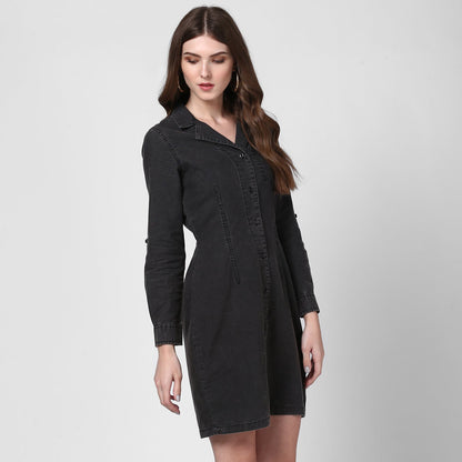 Women's Black Denim Lapel Style Shirt Dress